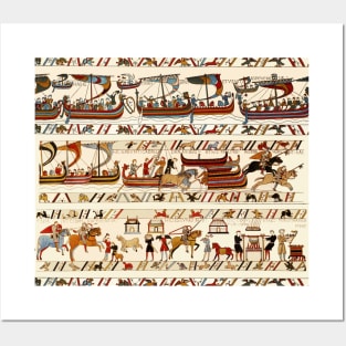 BAYEUX TAPESTRY ,BATTLE OF HASTINGS ,NORMAN KNIGHTS HORSEBACK AND VIKING SHIPS Posters and Art